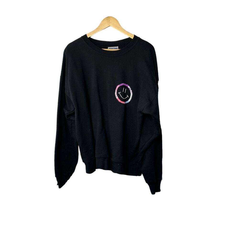 Black Smiley Face Embroidered Crewneck Long Sleeve Sweatshirt Size Large